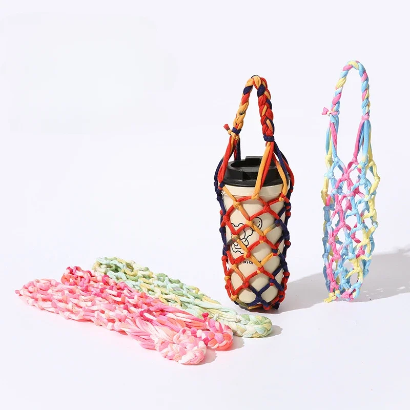 Handmade Woven Storage Basket Cup Net Pocket Water Bottle Carrier Strap Wine Cup Holder