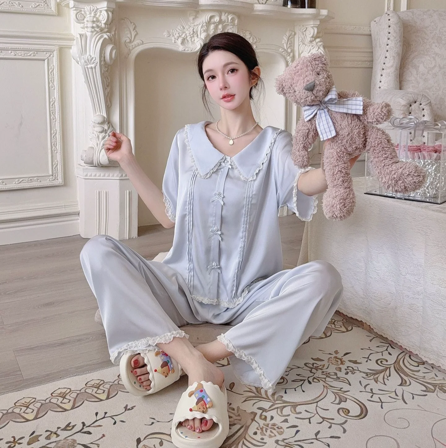 3pcs Korean style new skin friendly and comfortable pajamas summer short sleeved pants set unique beautiful girls' home clothes
