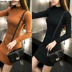 Female Autumn Winter Midi Sweater Dress Women Sexy Bodycon Dress Long Sleeve Solid Basic Knitted Dress Knitwear Dress