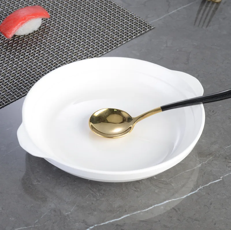 

White Ceramic Dual Handle Abalone Dish Fish Head Plate Steamed Egg Serving Plate Oven Microwave Safe Dinnerware