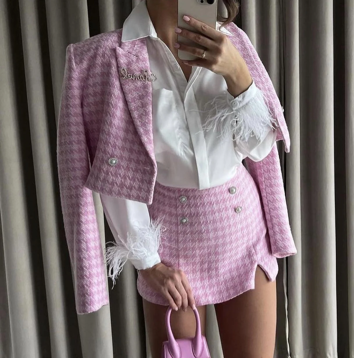 New Autum European And American Style Fashion Women\'s Clothing Houndstooth Texture Suit Jacket Pants Skirt Street Style Suit