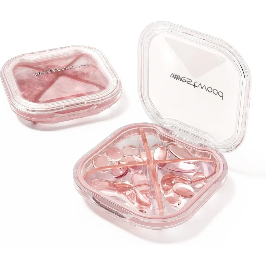 

1 упаковка, маленький розовый органайзер для таблеток, 4 отделения, компактный, стильный, для путешествий, кемпинга, коробка для таблеток, портативный и влагостойкий, для хранения