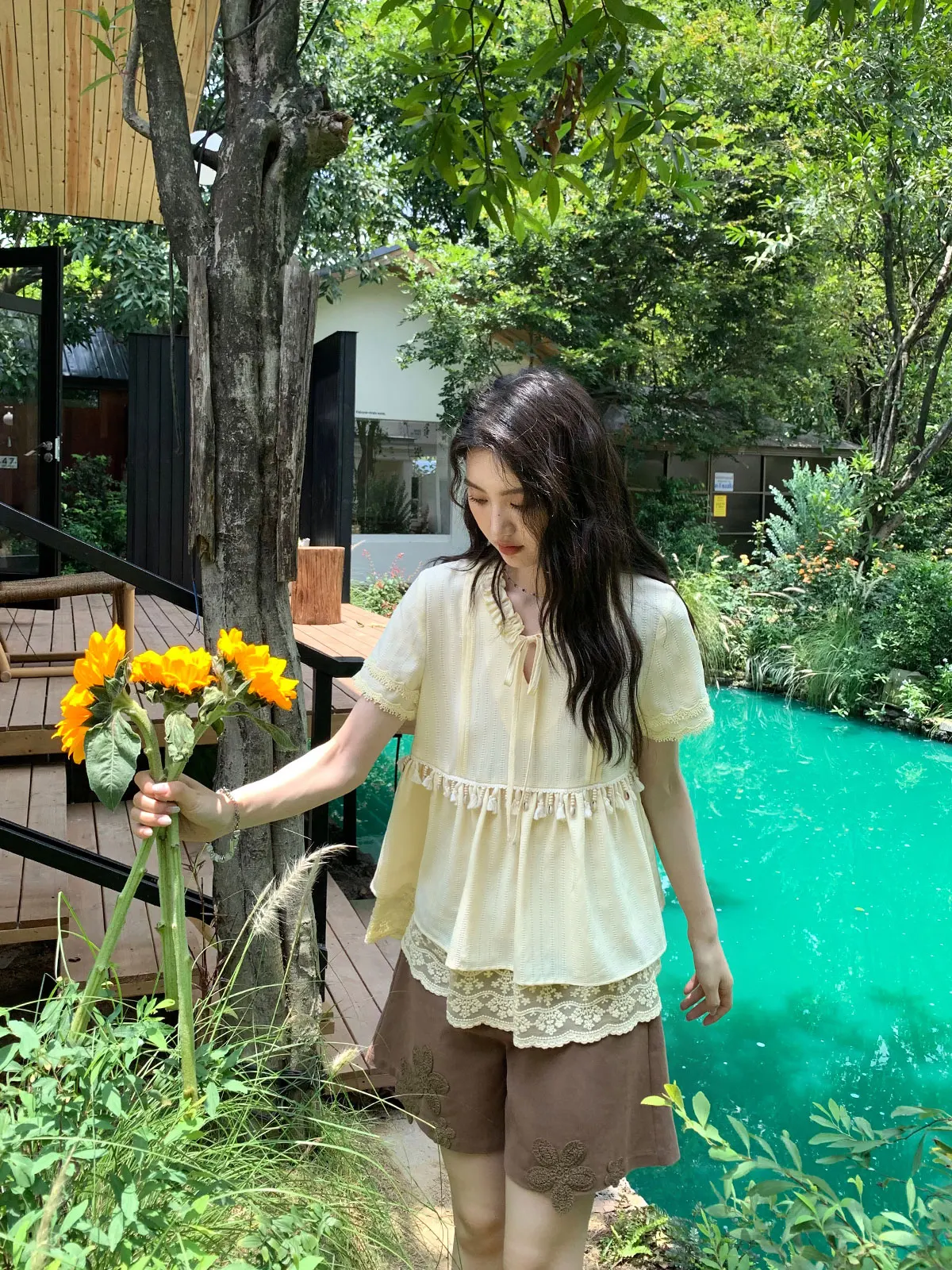 

Loose Lace Trim ort Sve Women's Top Summer Casual Sle plus Size Polyester Fiber V-Ne Flat Belly ort Length