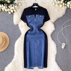 Neploe 2024 Summer New Patchwork Denim Dresses O-neck Slim Waist Dress for Women Y2k Short Sleeve Fake Two Piece Vestidos Mujer