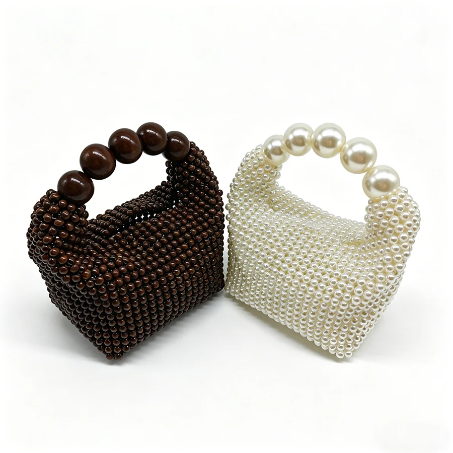 Summer Handmade Woven Clutch Purses For Women Exquisite Design Hollow-out Wooden Bead Small Handbag Banquet Boston Bags Coffee