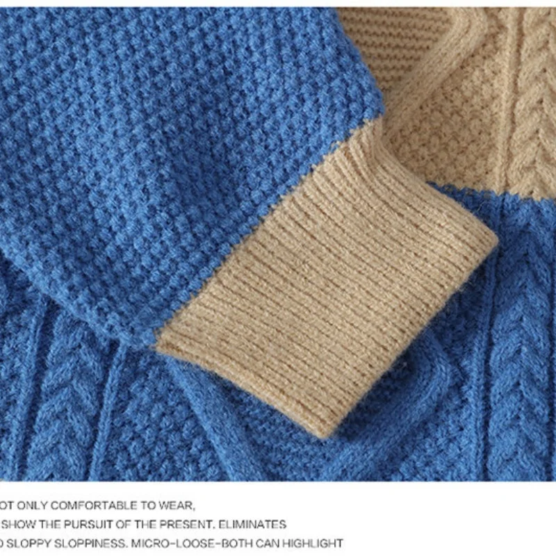 เสื้อสเวตเตอร์ลำลองผู้ชาย สไตล์วัยรุ่น สดใส แฟชั่นลายปะติด ถักนิตติ้ง คอเต่า แขนยาว สำหรับฤดูใบไม้ร่วงและฤดูหนาว