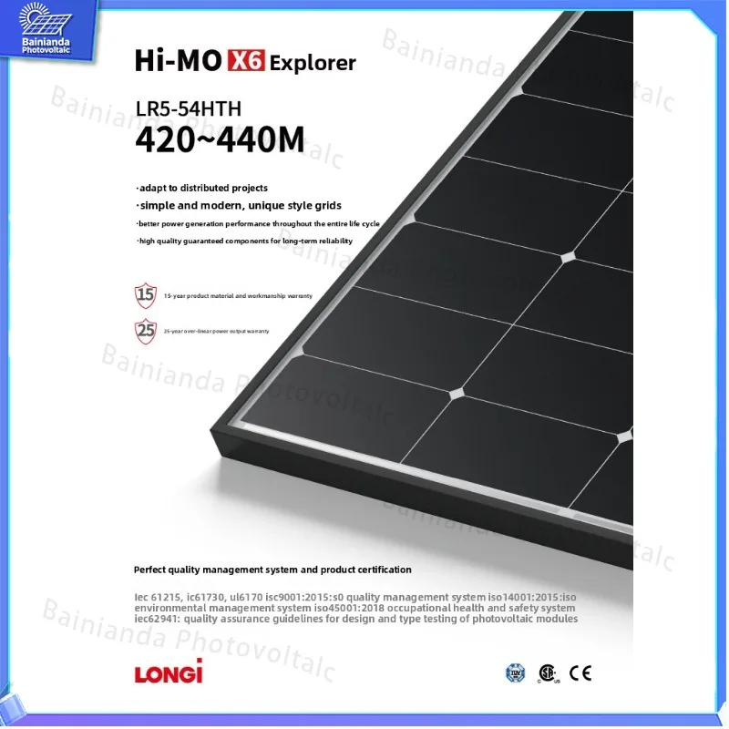 LONGI HI-MO X6 Double Glass Solar Panel 420W 430W 440W Monocrystalline Photovoltaic PV Module for Residential Commercial