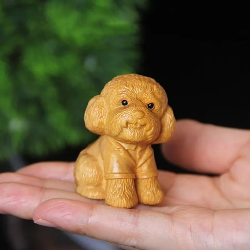 Wooden Poodle Dog Figurine,  Solid Wood Teddy Statue, Mini Animal Decor, Small Puppy Sculpture Desk Ornament for Home Office