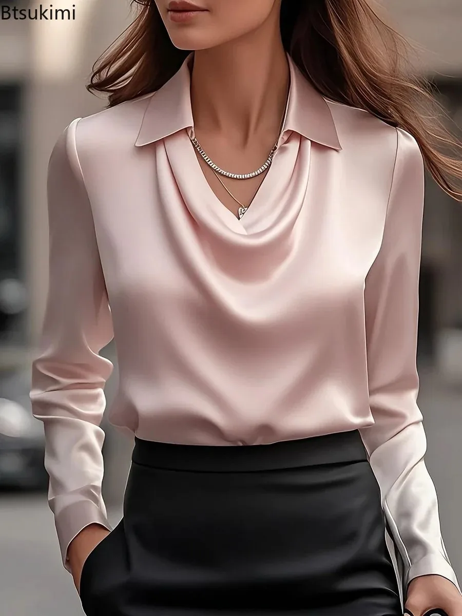Nowe Eleganckie Damskie Satynowe Koszule Bluzki z Nadrukiem Dekolt V Rozkloszowany Długi Rękaw Jednolity Kolor Luźna Koszula Casual Top Biurowy Damski