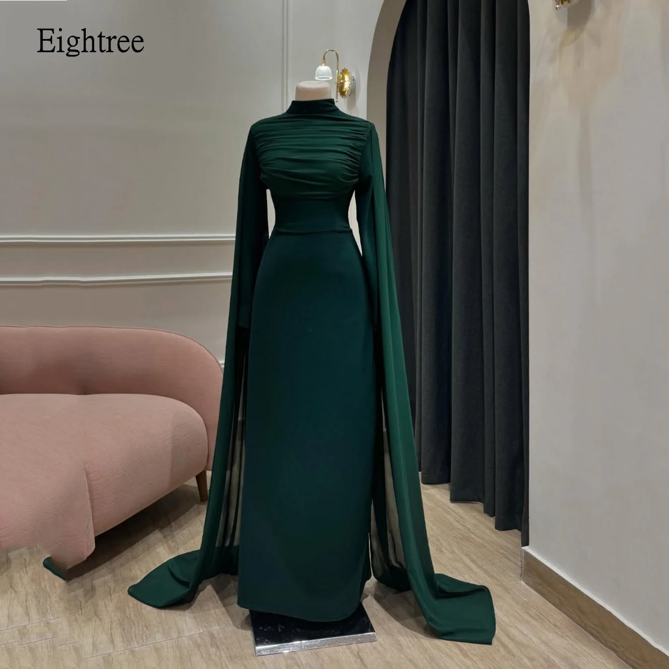 

Eightree Saudi Dark Green A Line Prom Gowns Cap Sleeves Formal Party Gown Long Evening Dress vestidos de fiesta Customized