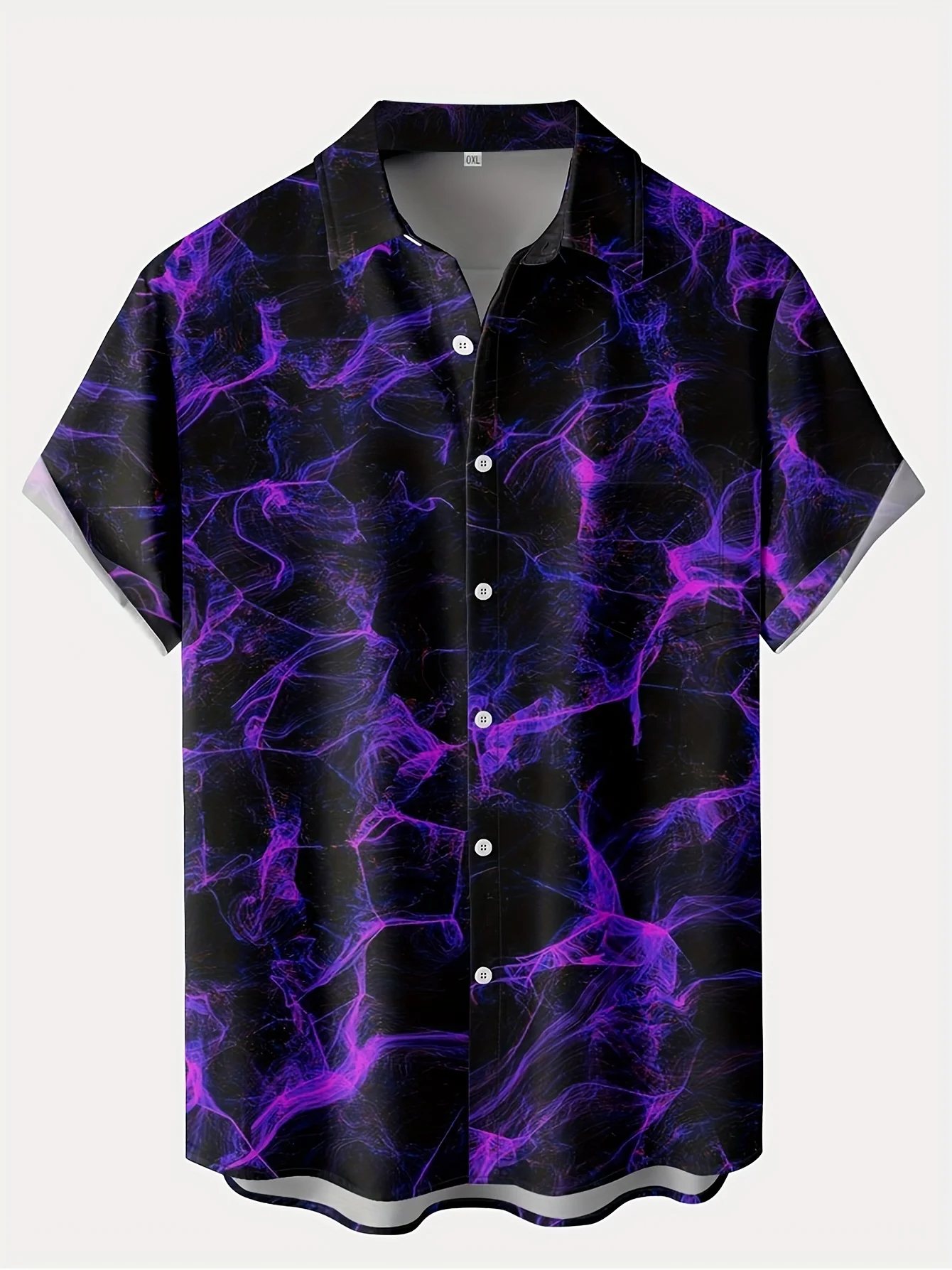 Men Short Sleeve Button Down Shirt Black Purple Lightning Marble Print Polyester Casual Party Blouse