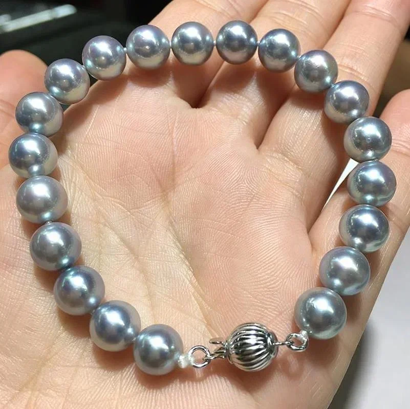 

Elegant Natural 7.5"9-10mm Sea Genuine Round Gray Pearl Bracelet Free Shipping for Woman Jewelry Bracelets 925 Sterling Silver