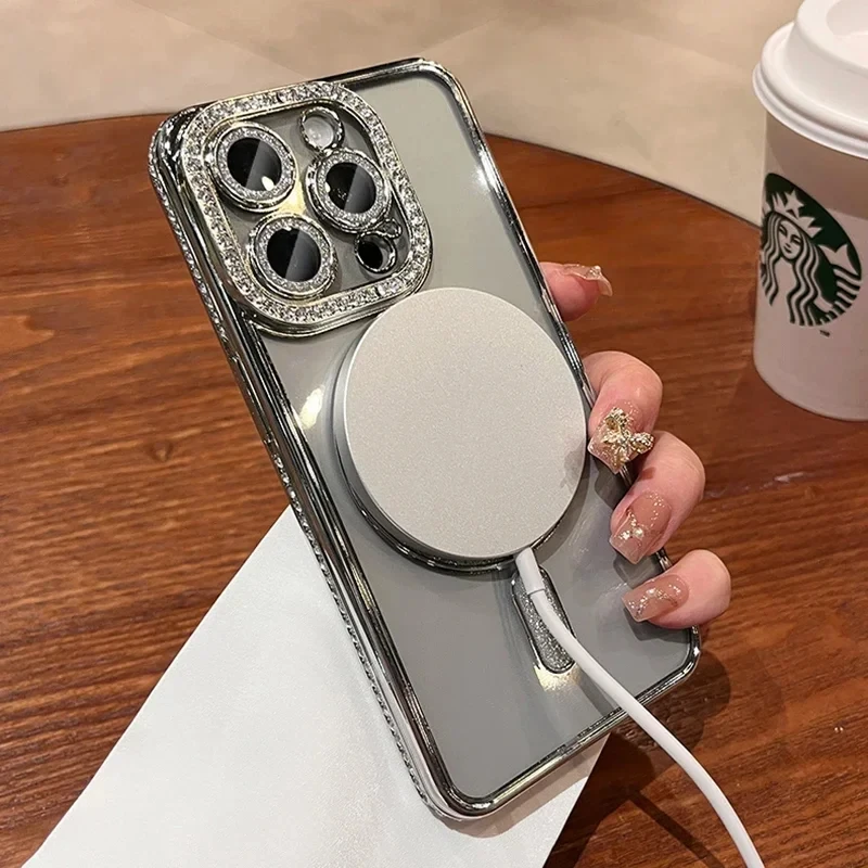 For Magsafe Luxury Diamond Transparent Case For iPhone 15 14 13 12 11 Pro Max Plus Magnetic Wireless Charge Shockproof Soft Case