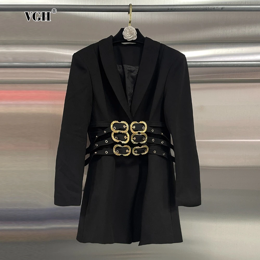 

VGH Formal Slimming Blazers for Women Lapel Shoulder Pud Long Sleeve Patchwork Multi Sashes Temperament Coat Female Clothing New