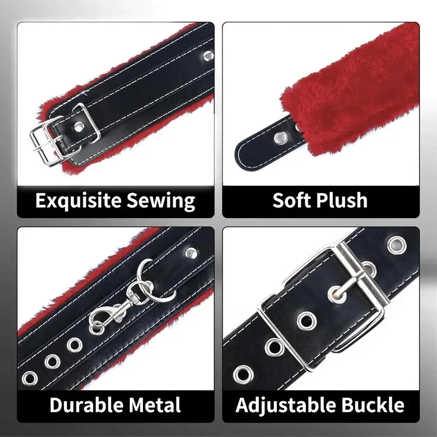 Adjustable Plush Lined PU Leather Wrist Ankle Cuffs BDSM Bondage Restraint Kit Erotic Role Play Toy For Adult Couples view 4