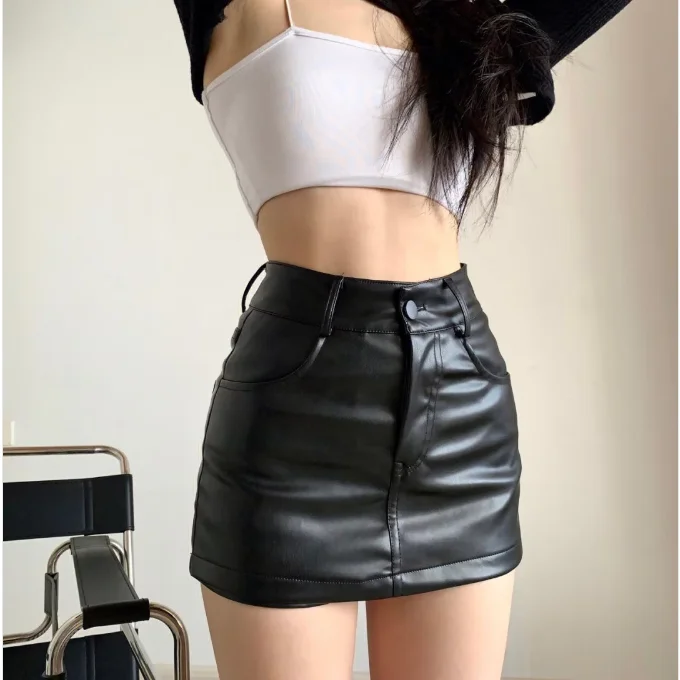 Black PU Small Leather Skirt Style Tight-fitting Slimming High Waist Hip Skirt Women Autumn and Winter Anti-exposure Culottes