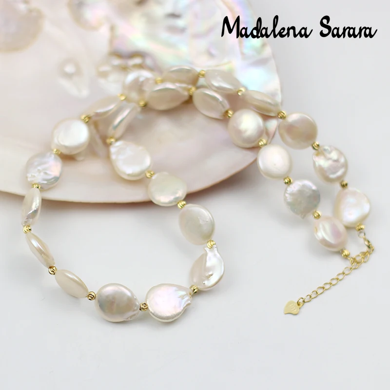 

MADALENA SARARA 12-13mm Elegant Queen Style Cultured Freshwater Pearl Necklace Bracelet Set European Bride Button Shape Pearl