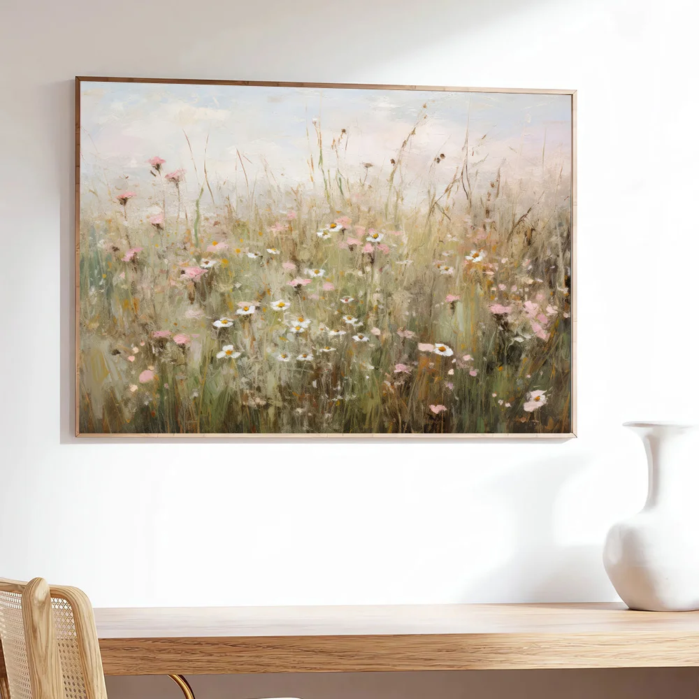 1pc frameless 1pc Wildflower Field Grass Nature Landscape Retro Poster Vintage Farmhouse Rutics Painting Canvas Print Nordic Wal