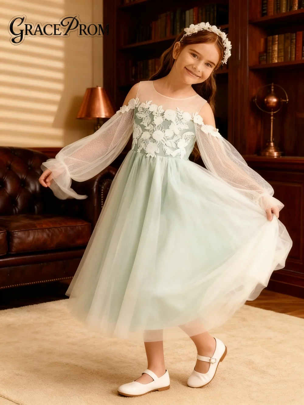 

Charming Off-Shoulder Girl Dress Girl Stage Show Dress Girl Princess Dress Cute 3D Floral A-Line Floor-Length Party Gown