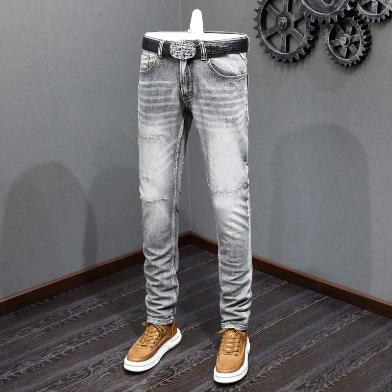 Fashion Vintage Men Jeans High Quality Retro Gray Stretch Slim Fit Ripped Jeans Men Embroidery Designer Casual Denim Pants