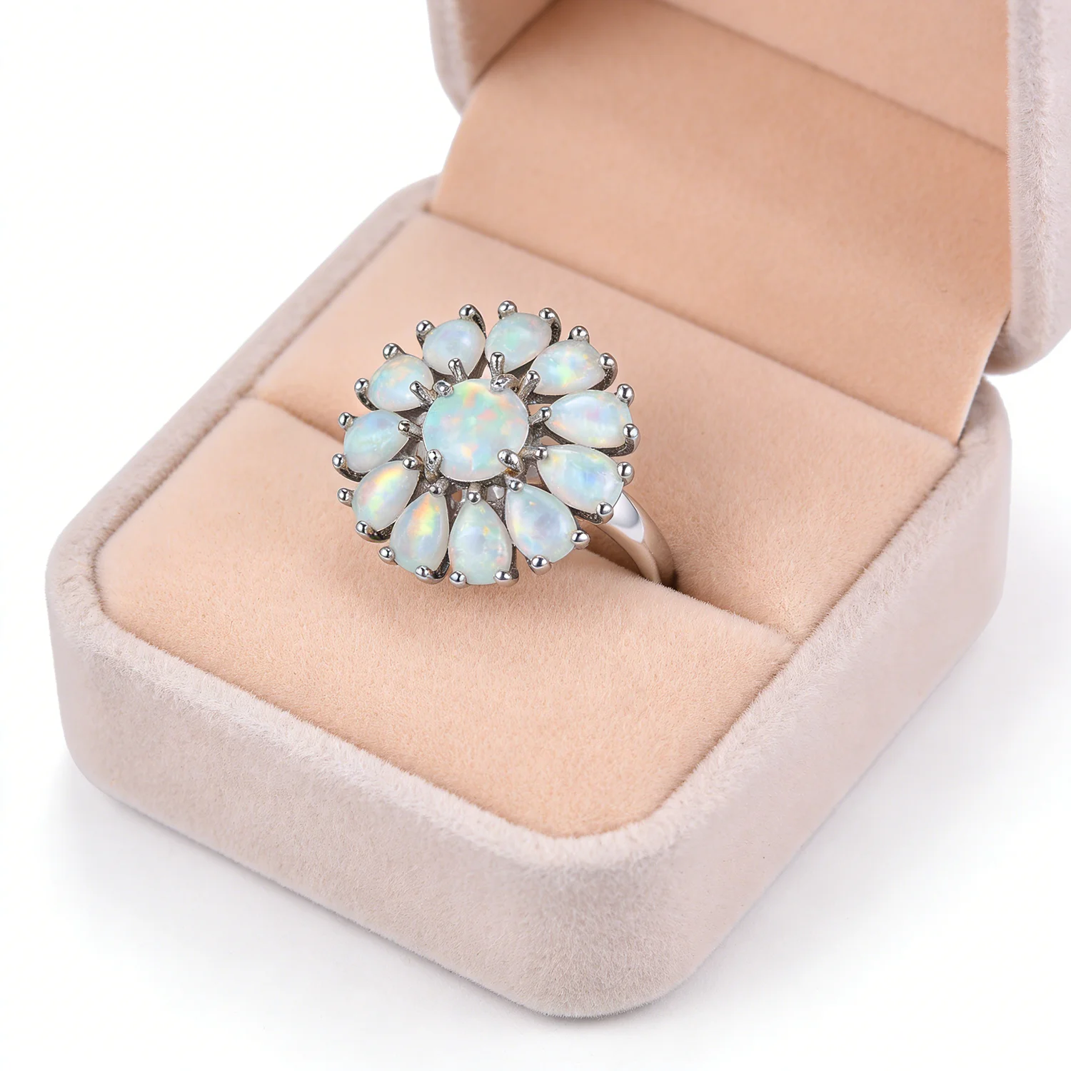 Luxury Flower Cocktail Ring with Real Fire Opal & Pink Gems Copper-Based Elegant Trendy Fashion Jewelry for Women