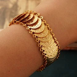 Turish Coin Chain Bracelet Gold Plated Copper Cuff Bangle for Women Arabic Totem Jewelry for Bridal Ethnic Wedding Jewelry