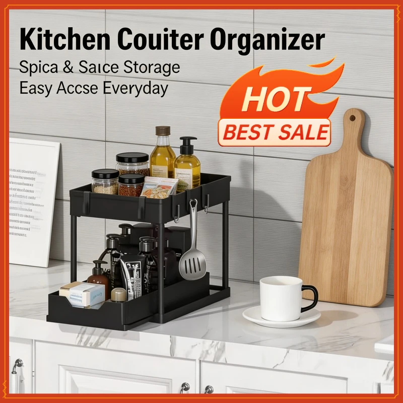 2 Tier Under Sink Organizer Sliding Cabinet Basket Organizer Storage Rack with Hooks Hanging Cup Bathroom Kitchen Organizer