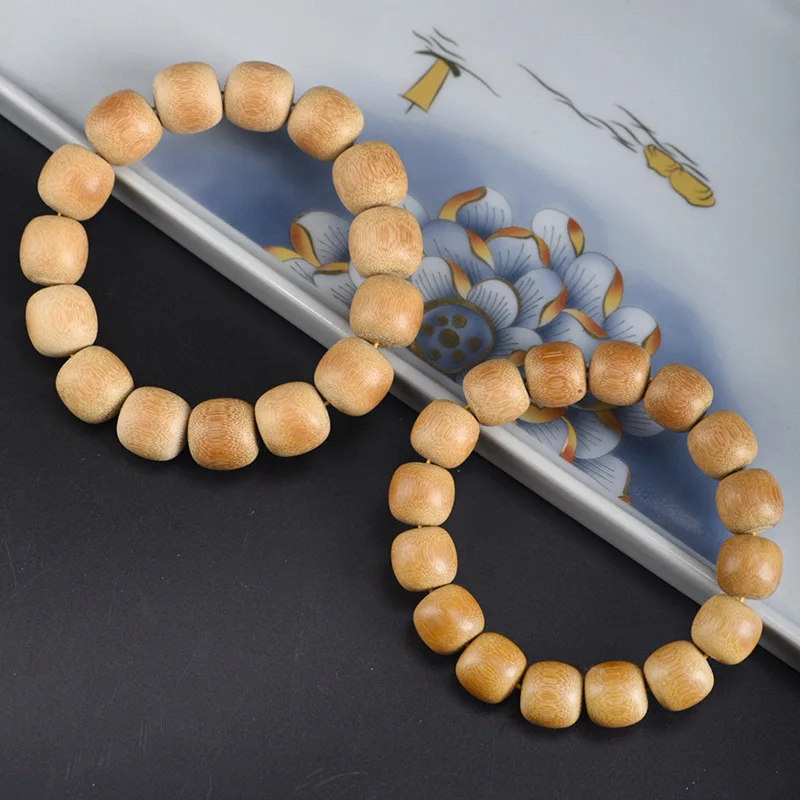 Buddhist Rosary Solid Golden Silk Jade Bamboo Oval Beads Hand Playable Wooden Rosary Bracelet