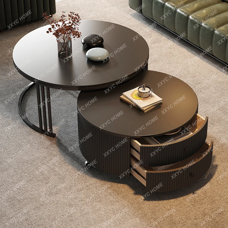 Living room household light luxury modern simple movable advanced black round coffee table table