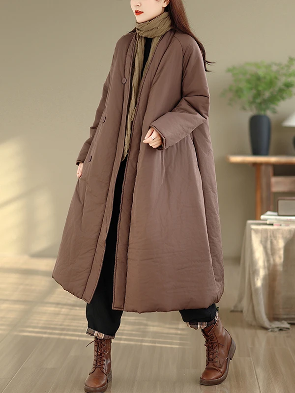 

Retro Chinese Sle Long Cotton Jaet Warm Outerwear Thiened Winter Commute V-Ne Loose Fit Faionable Women's Coat