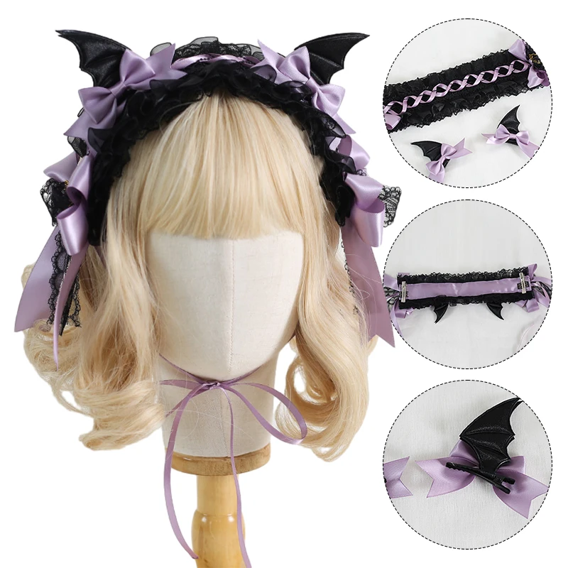 Gothic Black Bat Evil Hairpin, Cosplay Headband, Enfeites de cabelo, Lace Hair Clip, Lolita Acessórios, Halloween, Menina, Mulheres