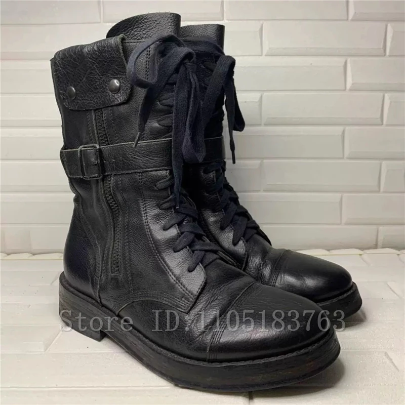 

Strap Double Zipper Short Knight Boots Men Designer New Round Toe Black Leather Belt Buckle Thick Heel Motorcycle Boots