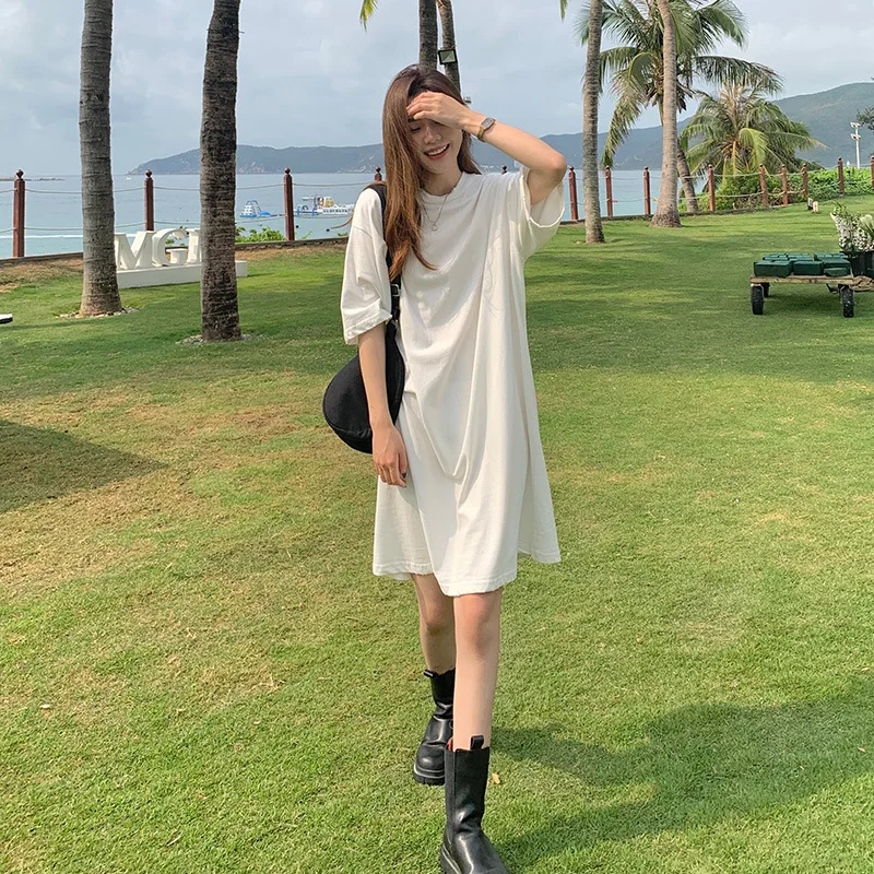 

Cotton Shoulder Back Collar Dress for Women Summer Korean Edition Loose Medium to Long Short Sleeve T-shirt Skirt for Women