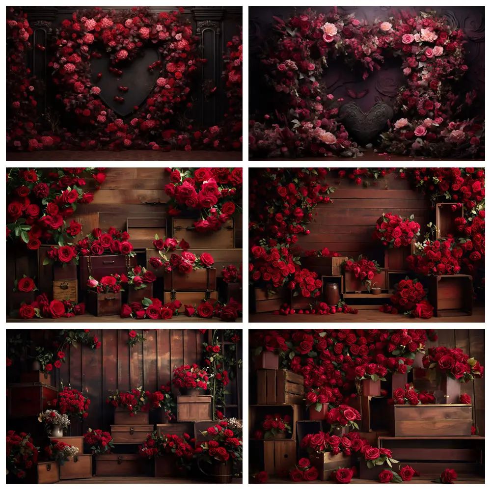 

Valentine's Day Backdrops For Photography Flower Shop Red Love Heart February 14th Wedding Party Portrait Photo Background Decor