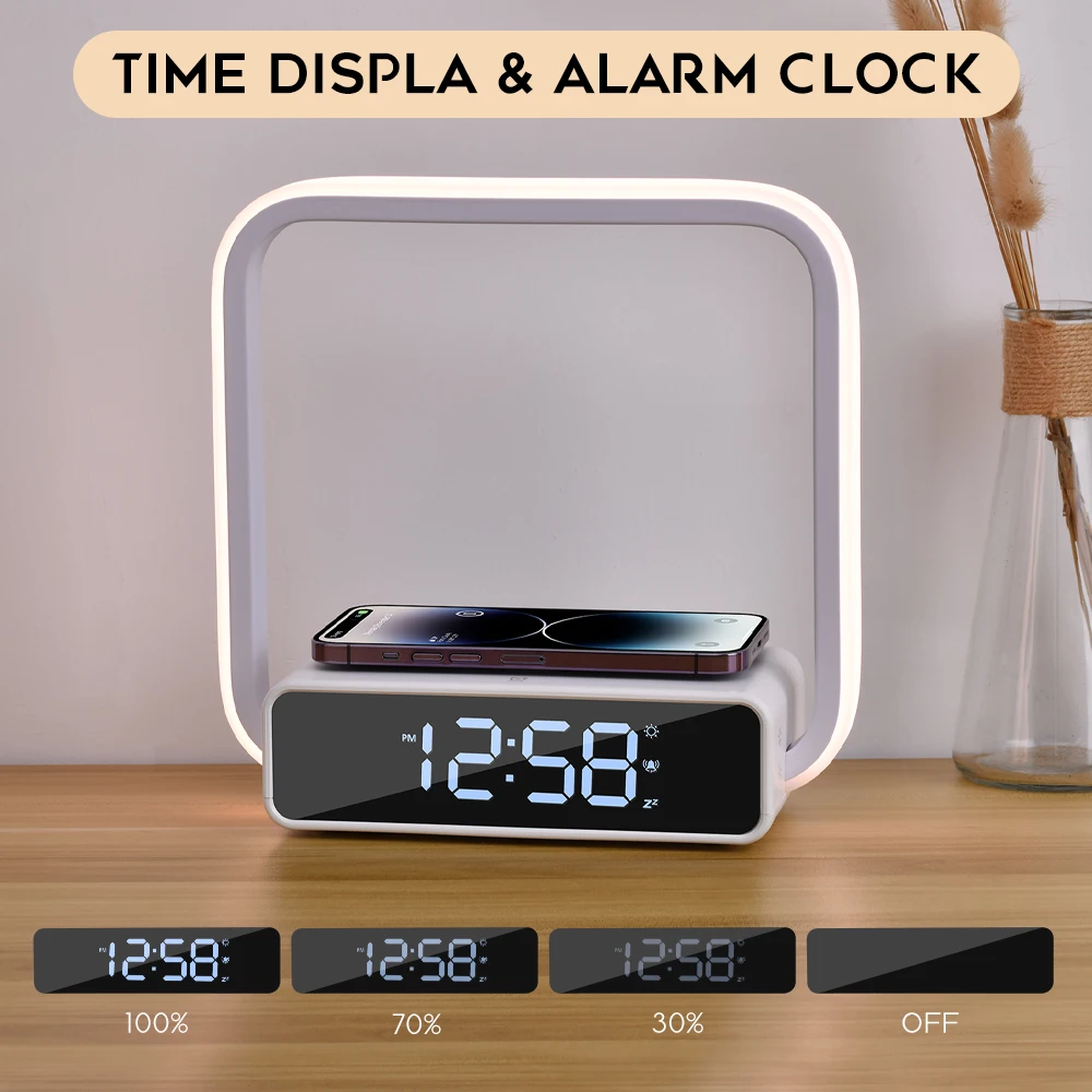 Home decor touch dimming 7 color rgb light smart alarm clock snooze led table night wireless charger bedside lamp