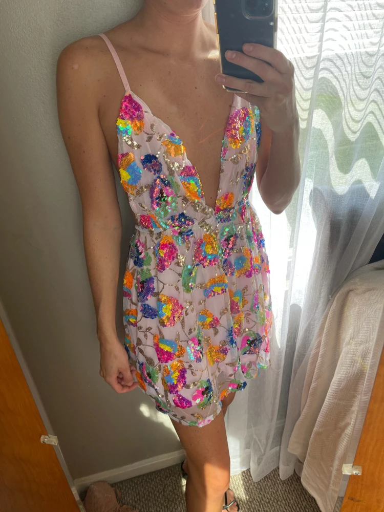 Sexy sem mangas floral lantejoulas rosa noite fora vestido de festa profundo decote em v sem costas curto night club out verão mini vestido