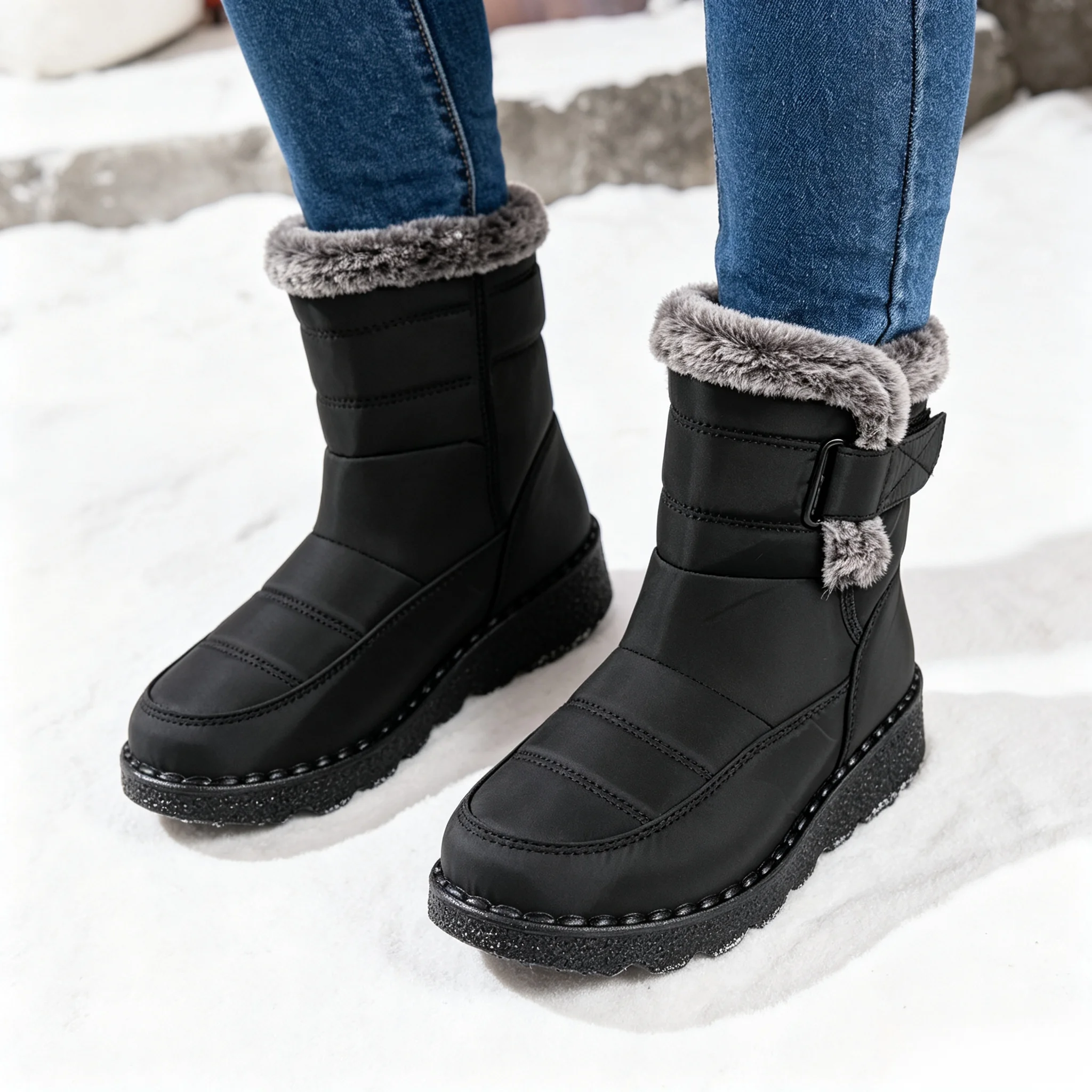 Damen Winter Pelzige Plateau-Schneestiefel 2026 Trend Wadenlange Winterstiefel Wasserdicht Rutschfest mit Schnalle Warm Flauschig Outdoor – Detail 1