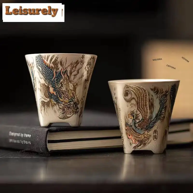 HOYIHM 50ml Boutique Silver Plated Four Sacred Beasts Ceramic Teacup Master Handmade Meditation Cup Small Smelling Fragrant Mug