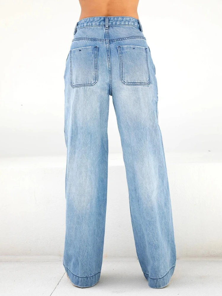 Frauen Jeans Hose mit weitem Bein Jeans taschen Streetwear lose hohe Taille in voller Länge Wasch reiß verschluss fliegen flach einfarbig 2024