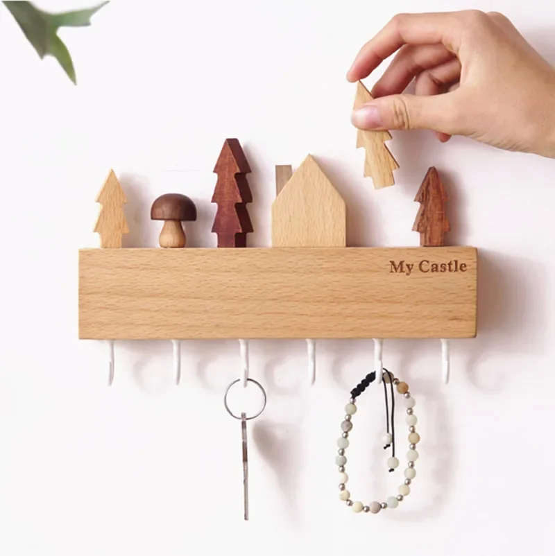 Creative Nordic key hook wall beech porch decoration key storage rack wall-mounted entry door without punching