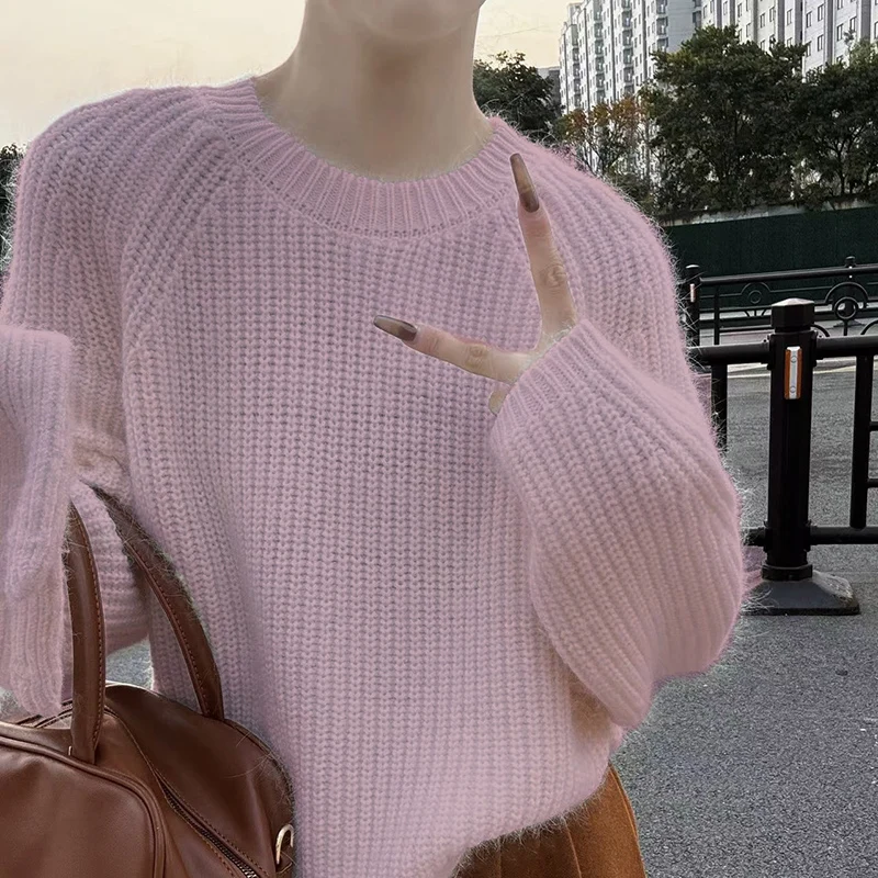 100% Pure Wool Sweater Women\'s 2025 Spring/ Autumn New Round Neck Sweater Solid Color Cashmere Knit Pullover Short Loose Female