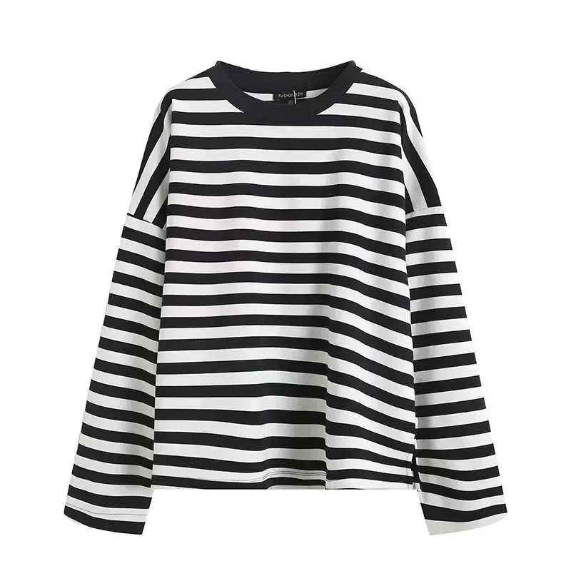 

Women's 2023 Fashion Casual Joker Loose Version Striped Long Sweater Retro Long Sleeve T-shirt Pullover Chic Top