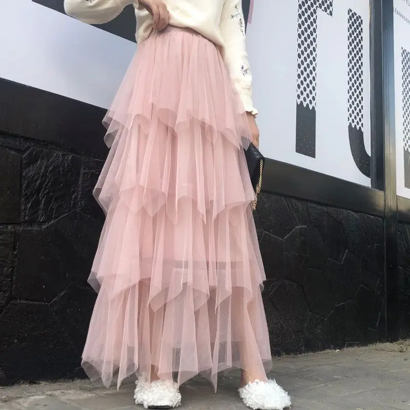 

Multi-Level Mesh Stitching Large Swing Cake Skirt Female 2023 Spring Summer New Half Skirt Mid-Length A-Line Long Skirt