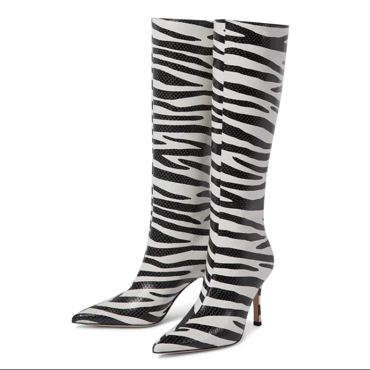 Black Sexy Zebra Striped Knee High Boots Women Stiletto High Heel Leather Boots 2024 Lady Pointed Toe Shoes Design Fall