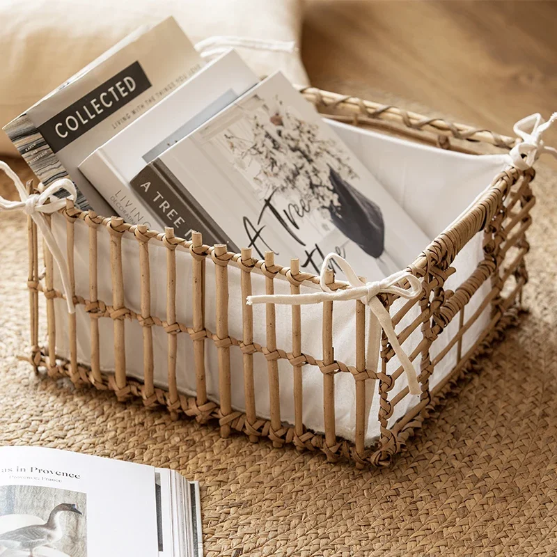 Natural Rattan Weaving Storage Basket Desktop Clutter Storage Boxes Disassembly Lining Makeup Organizer, Snack Toy Wicker Basket