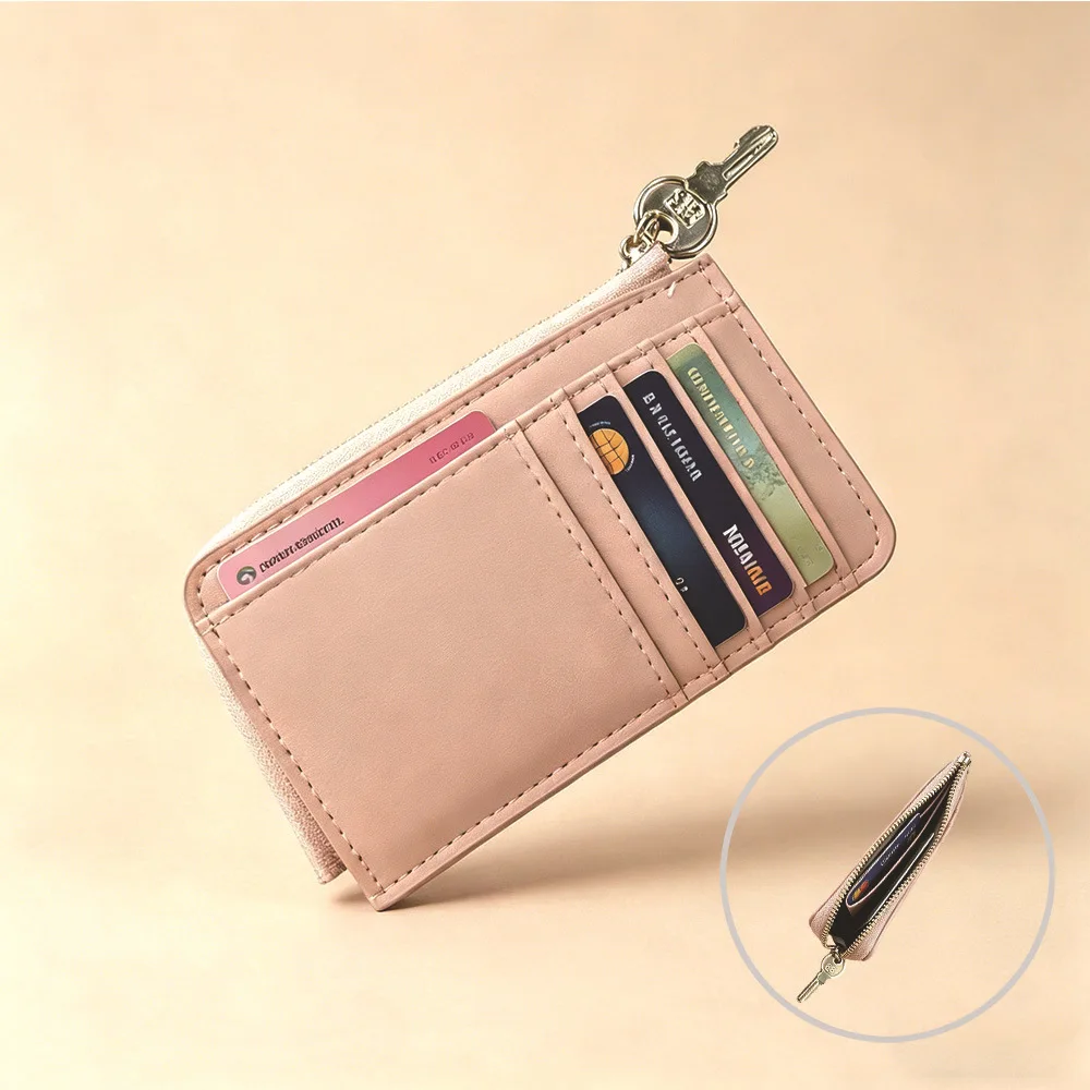 Women Pu Leather Zip Card Holder Female Mini Wallet Key Charm Coin Purse Ladies Casual Lanyard Pouch Small Daily Handbag Case