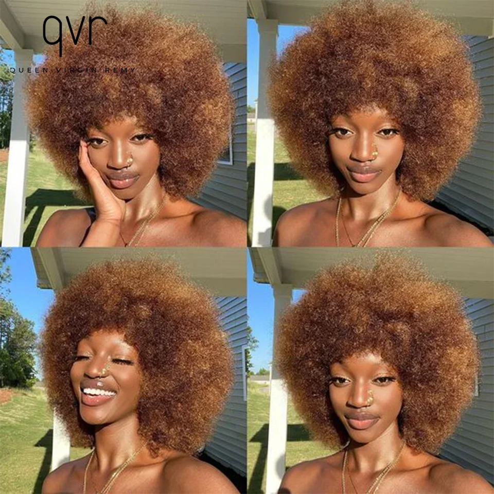 QVR Short Afro Kinky Curly Wigs With Bangs For Women Fluffy Short Afro Curly Wigs Human Hair Wig 180% Density Full Machine Hair