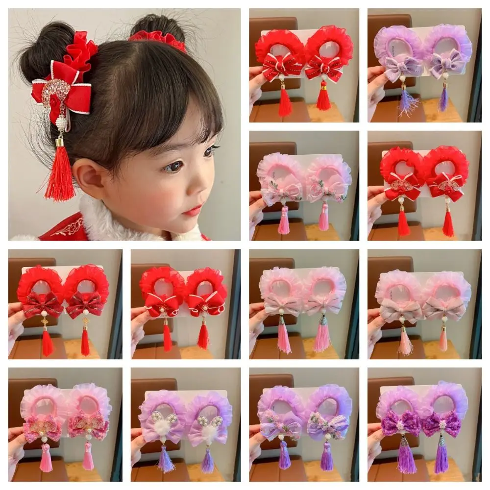 Tassel Children Red Hair Rope Hairball Tang Suit Hair Clip Chinese New Year Headwear Ancient Headwear Pearl Red Bow Hair Rope