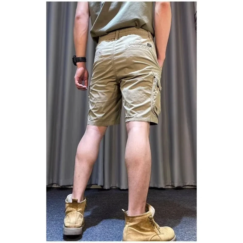 American Style Vintage Summer Men\'s Elastic Waist Drawstring Solid Pockets Zipper Trend Versatile Loose Cargo Knee Length Shorts