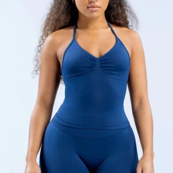 Top da palestra con spalline palangari a impatto con logo Abbigliamento da palestra senza schienale Reggiseno incorporato scrunch da donna con coppe rimovibili Canotte da yoga